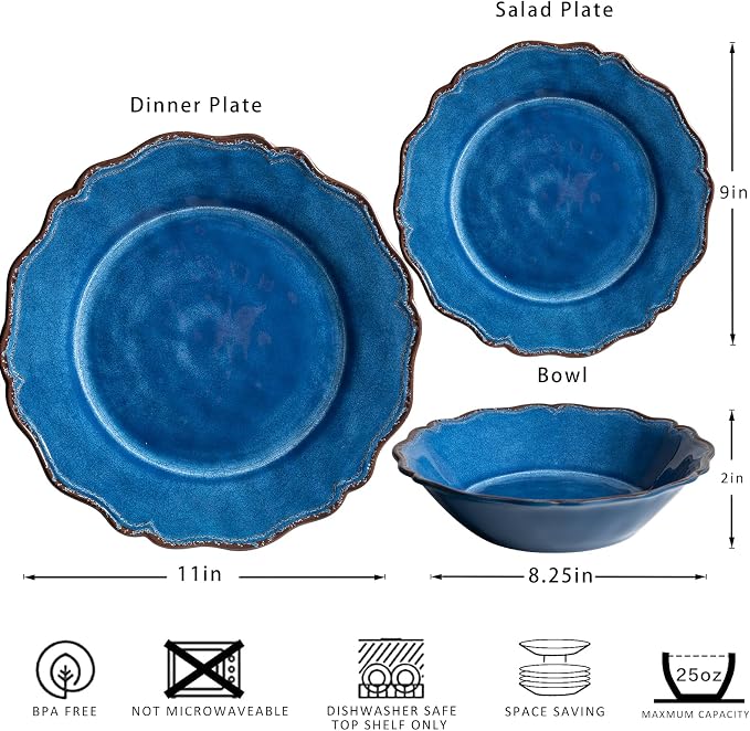 LEHAHA 12 Piece Rustic Farmhouse Luxury Melamine Dinnerware Sets, Thick Unbreakable but Lightweight Plates and Bowls Set, Vintage Spring and Summer Camping Dishes Set, Dishwasher Safe, blue