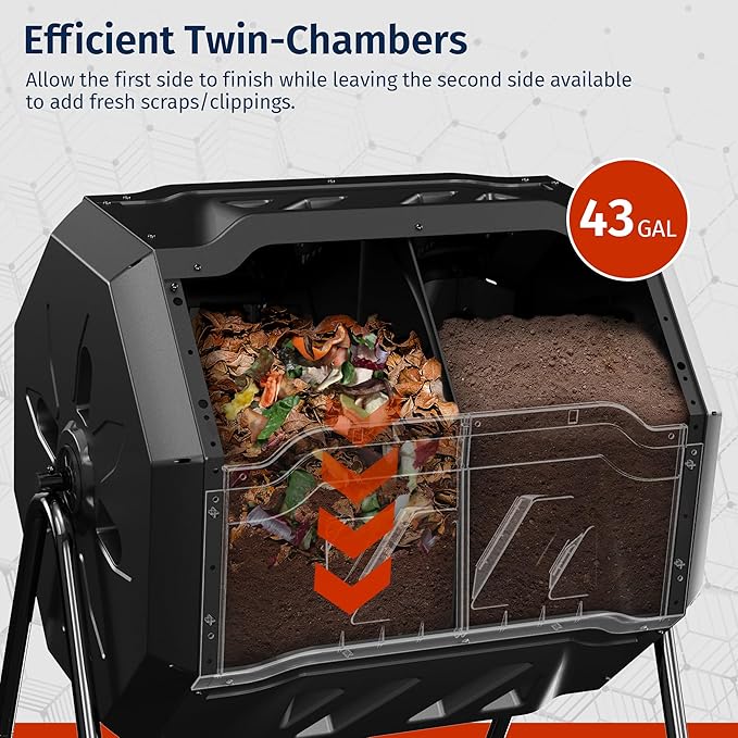 East Oak Compost Tumbler Outdoor, 43-Gal Dual Chamber Compost Bin with 2 Sliding Door and Aeration System, Tumbling Rotating Composter Bin for Garden, Kitchen, Yard