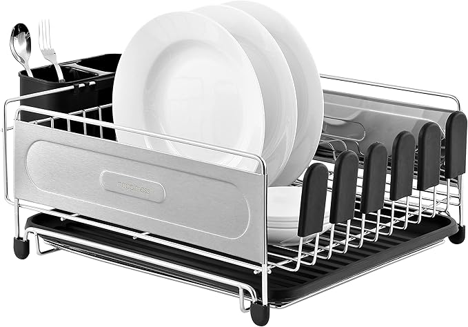 Eyely HSD1000A Compact 17.25" Stainless Steel Rust-Proof Dish Drying Rack with Removable Tray, Removable Utensil Holder, and Wine Glass Holder, Stainless Steel/Black, Silver/Black