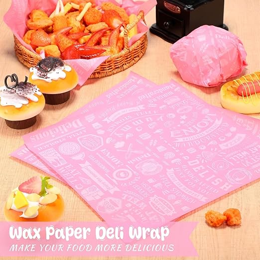 Outus 600 Pcs 12 x 12 Inch Deli Wax Paper Sheets Grease Resistant Tray Basket Liners Newsprint Paper Water and Grease Proof Sandwich Wrapping Square Hot Dog Wrappers for Food Baking (Pink)