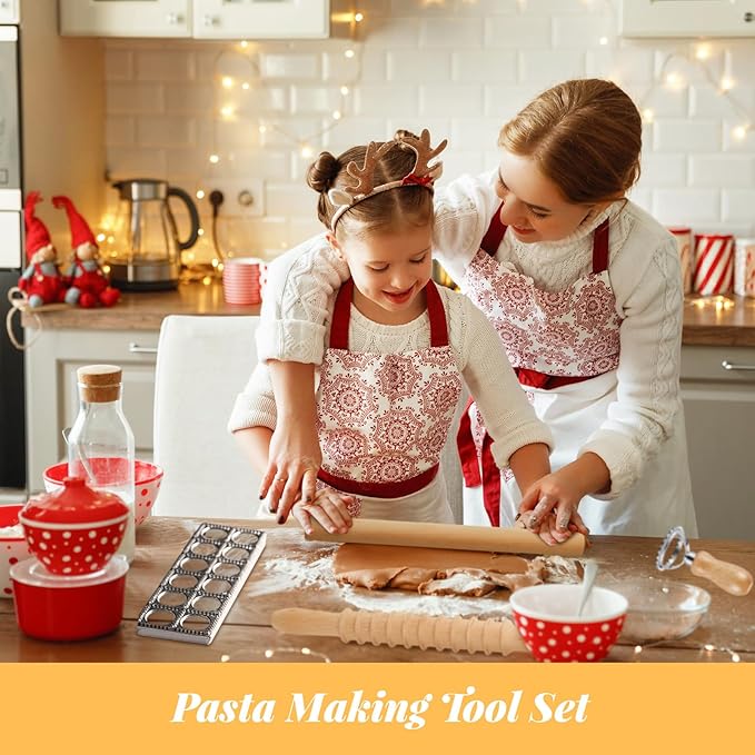 Tioncy 9 Pcs Pasta Making Tool Set Wood Gnocchi Board with Ravioli Mold Raviolo Maker Raviolo Stamp Rolling Pin Gnocco Maker for Home Cooks Kitchen Gift (Classic Gnocchi Board with Ravioli Mold Set)