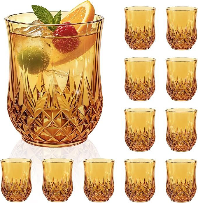 12 Pack Plastic Stemless Wine Glasses,12oz Unbreakable Vintage Elegant Drinking Glass Set,Reusable Fancy Cocktail Cups for Party, Wedding, and Bulk Events (12, 12oz-Amber)