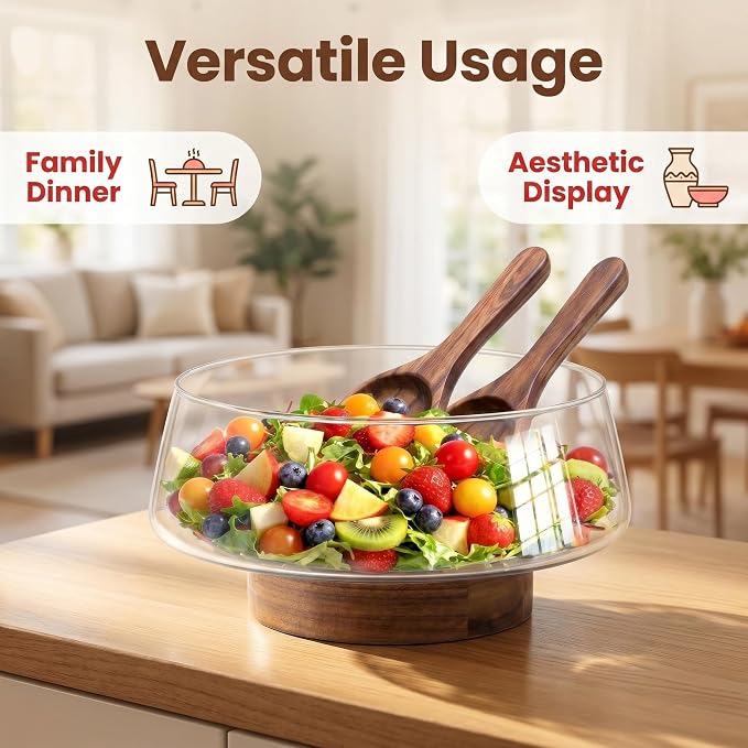 Buybai Extra Large Glass Salad Bowl Set - Party Salad Bowls with Acacia Wood Base and Serving Utensils - Kitchen Must-Have For Fruits Salad Dessert Bread Afternoon Tea Camping (Extra Large)