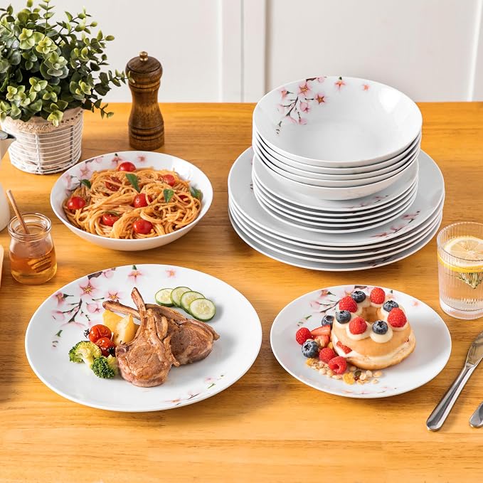 VEWEET 18 Pieces Dinnerware Sets for 6, Porcelain Plates and Bowls Set with Pink Floral, Classic Dishes Set Dining Ware for Dinner, Microwave and Dishwasher Safe, Series ANNIE