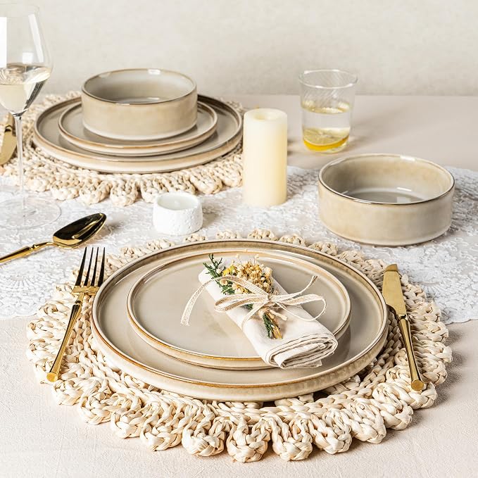 AmorArc Ceramic Dinnerware Sets, Handmade Reactive Glaze Stoneware Plates and Bowls Sets,Highly Chip and Crack Resistant | Dishwasher & Microwave Safe Dishes Set, Service for 8 (24pc)