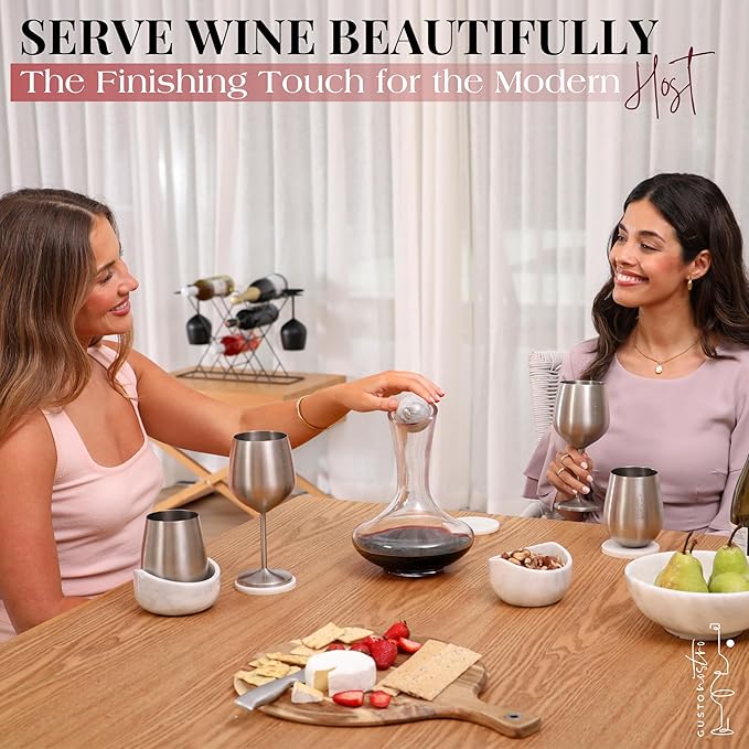 Gusto Nostro Crystal Wine Decanter Set with Drying Stand, Corkscrew, Marble Stopper, Cleaning Beads - 750ml Hand Blown Glass Wine Carafe Decanter with Stopper - Luxury Gift Set for Decanting Red Wines