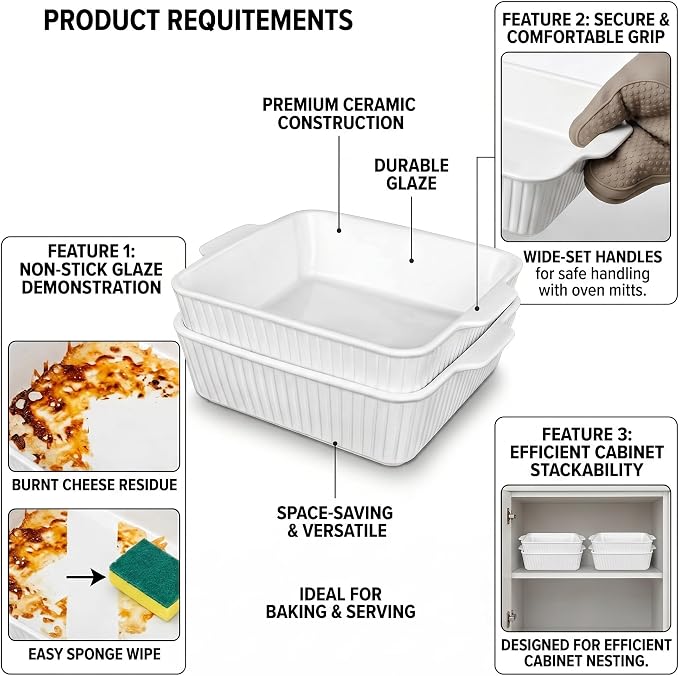 10" Square Ceramic Casserole Dish Set of 2-2.6 Qt Deep Baking Dishes with Handles for Oven, Lasagna Pan for Casseroles Cake Bread, Microwave Dishwasher Safe Bakeware Set, White