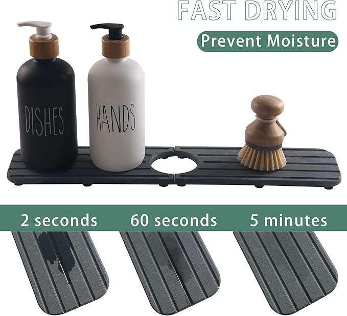 NiuYichee 17inch x 4inch Kitchen Sink Faucet Mat, Water Absorbing Stone Faucet Splash Guard for Bathroom Counter, Quick Drying Diatomite Tray for Kitchen Sink, Dark Gray