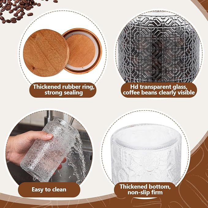 Suclain 3 Pcs 34 oz Glass Coffee Grounds Container with Shelf Glass Coffee Bean Storage Canisters with Airtight Lid and Measuring Spoon Food Storage Jars for Kitchen Sugar (Elegant Style)