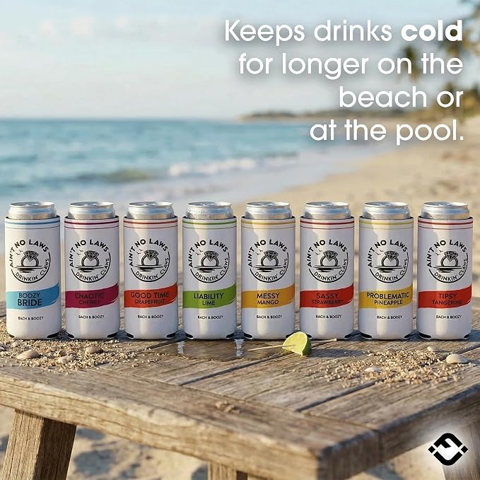 Funky Junque Bachelorette Party Favors Slim Can Cooler, Funny Bridesmaid & Bride Gifts for Girls Trip, Bridal Shower Decorations & Accessories, 12 oz Skinny Can Covers - Ain't No Laws - 8 Pack