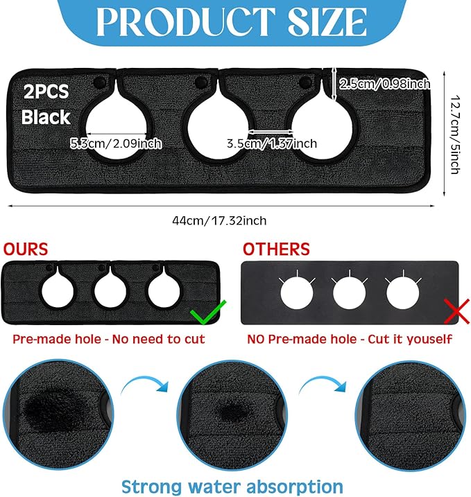 Teenyyou 2 Pcs Faucet Mat for Kitchen Sink Splash Guard for Kitchen Sink Faucet Dish Drying Mat for Bathroom Sponge Holder(Black,3 Round Holes)