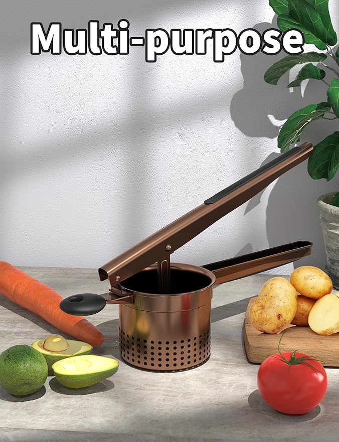 GloTika Large 15oz Potato Ricer, Heavy Duty Stainless Steel Ricer for Mashed Potatoes, Sweet Potato Masher Kitchen Tool with Ergonomic Handle, Press and Mash Kitchen Gadget, Bronze Color