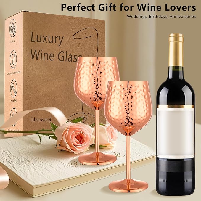 UNISWEET Stainless Steel Wine Glasses Set of 4 Unbreakable (Rose Gold) | 17 oz Large-capacity Hammered Goblets, Lightweight & Reusable, Good for Outdoor, Camping, Pool Travel, Gift for Wine Lovers