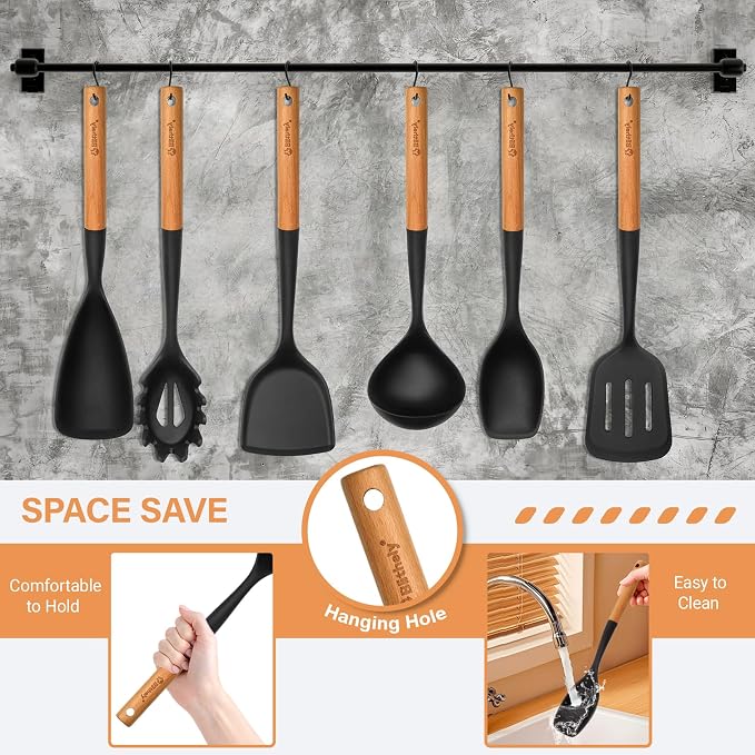 Large Silicone Kitchen Utensils Set with Holder, 25Pcs Cooking Utensil Set with Wooden Handle, Heat Resistant Spatula Sets for Cooking, BPA Free Silicone Utensils Set for Non-Stick Cookware(Black)
