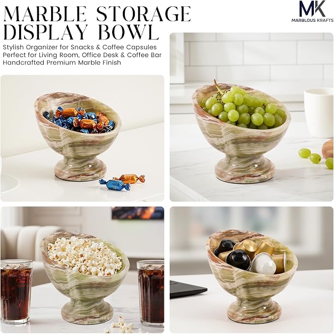 Marblous Krafts Green Onyx Marble Espresso Accessories Bowl 7 Inch Handmade Stone Coffee Pod Holder for Counter, Espresso Pods & K Cup Storage Organizer, Coffee Bar Decor