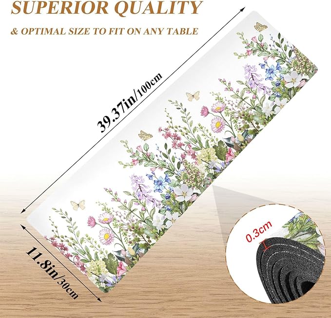 Spring Trivet Table Runner 40 Inches Long Spring Wild Flowers Butterfly Heat Resistant Hot Pad Multi Purpose Mat for for Hot Pots Pans Kitchen Countertops