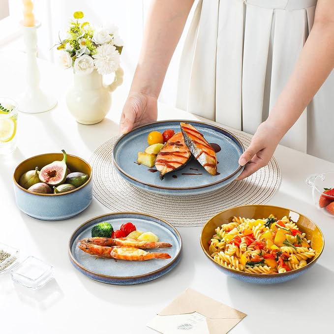 ONION Ceramic Plates and Bowls Sets for 6, 24 Pieces Stoneware Dinnerware Sets for Kitchen, Reactive Glaze Dish Set, Dishwasher and Microwave Safe, Light Blue