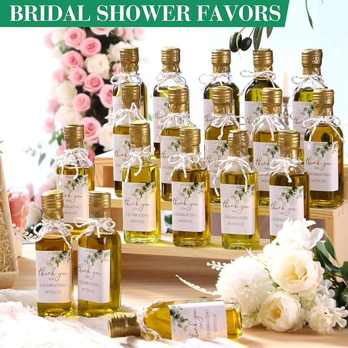 Reallnaive 20 Pack 3 oz Mini Glass Olive Oil Bottles Set, Homemade Wedding Sauce Gift Bottles Leakproof Screw Cap, Thank You Wedding Stickers for Storing Oil Honey Bridal Baby Shower Favors (Gold)