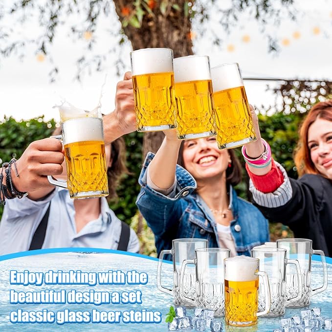 Reallnaive 10 Pack 32 oz Beer Mugs for Oktoberfest Freezer Glass Beer with Handles Mugs Steins German Large Heavy Cups for Men Drinking Gifts (Diamond Style)