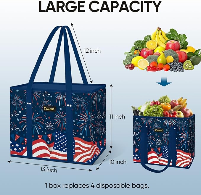 BALEINE 3Pk Reusable Grocery Bags, Foldable Shopping Bags for Groceries with Reinforced Bottom & Handles (Freedom Celebration)