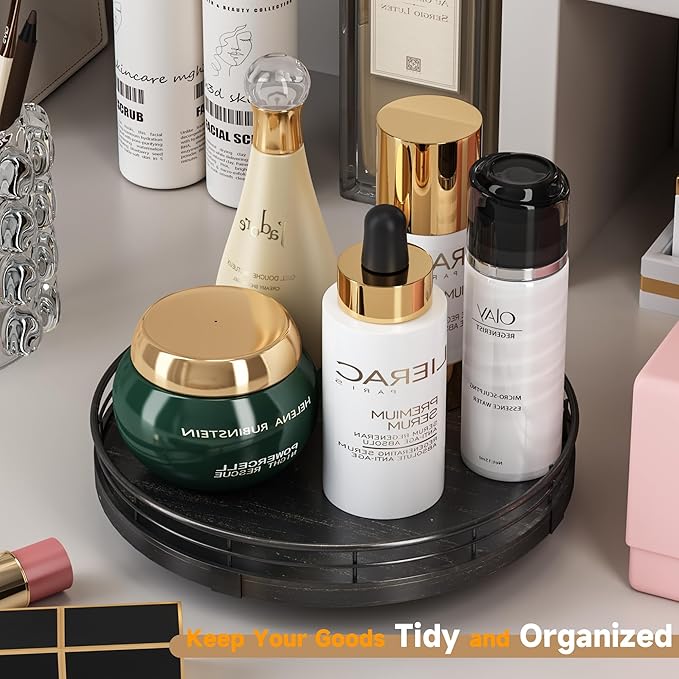 9" Oak Bathroom Vanity Tray Turntable for Perfume Candle, Round Wooden Decorative Tray for Kitchen Sink Countertop Organizer, Bathroom Counter Organizer for Skincare Makeup, Farmhouse Black Gold