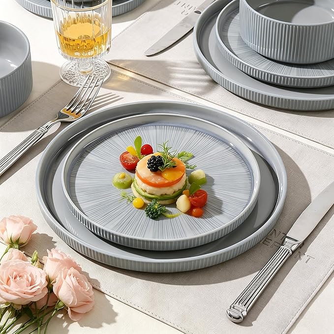 Dinnerware Sets, Ceramic Plates and Bowls Set 12 Piece Dinnerware for 4 Chip Resistant Stoneware with Advanced Inkjet Printing Technology, Dishwasher and Microwave Safe-Smoky Blue