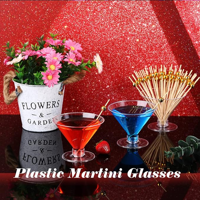 Irenare 250 Pcs 5 oz Plastic Martini Glasses and Cocktail Picks Set Disposable Clear Cocktail Dessert Glasses Unbreakable Mini Cups for Wedding Party Wine Appetizers Food