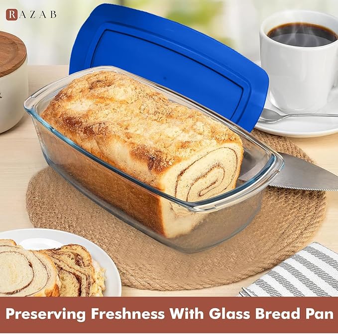 Razab LARGE 7.6 Cups/1800 ML/1.9 Qt Glass Loaf Pan with Lids - Meatloaf Pan BPA free Airtight Lids Grip Handle Easy Carry, Microwave and Oven Safe - Loaf Pans For Baking Bread, Cakes, Glass Loaf Pan