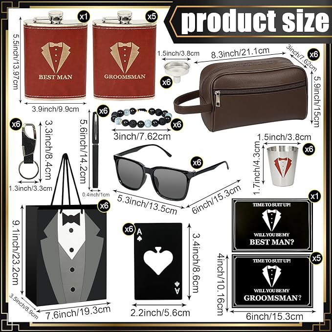 Set 6 Groomsmen Proposal Gifts - Groomsmen Gift Box with Leather Bag，Tuxedo Flask, Funnel，Shot Glasse，Poker Card Bottle Openers, Sunglasses, Pen，Bracelet, Card & Gift Bags for Wedding Party （Brown）
