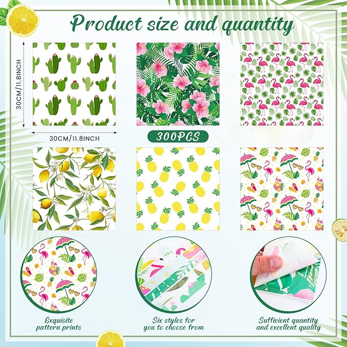 Reallnaive 300 Pcs Summer Theme Wax Paper Sheets 12 x 12 Inch Parchment Deli Tissue Paper Sandwich Wrapping Sheets Food Basket Liners for Kitchen Restaurant Baking Supplies, 6 Styles