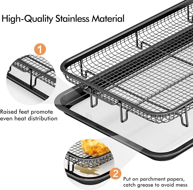 Air Fryer Basket for Oven, Large14.88"×10.98"Air Fryer Pans for Convection Oven with 30 Sheet Parchment Papers, THORSES Non-Stick Stainless Steel Air Fryer Basket and Tray for Multi Cooking - Black