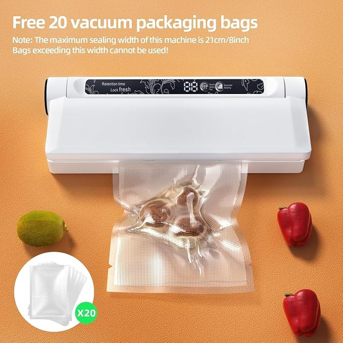 Compact Vacuum Sealer Machine, 75KPA Strong Suction, LED Digital Timer Display, Dual Use for Dry & Wet Foods, Includes 20 Bags, Ideal for Home Kitchen Use, White