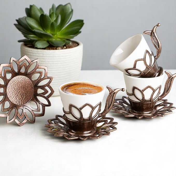 Alisveristime (Set of 6) Turkish Coffee Set with Porcelain Cups, Zamac Holders & Saucers – 80ml Capacity, Ottoman Motif, 4 Color Options (Brown)