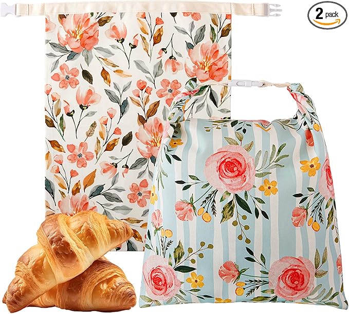 Beeswax Bread Bag, 2 Pack Sourdough Bread Bags, Reusable Bread Bags for Homemade Bread, Organic Cotton Beeswax Sourdough Bags, Wildwood Bloom Series
