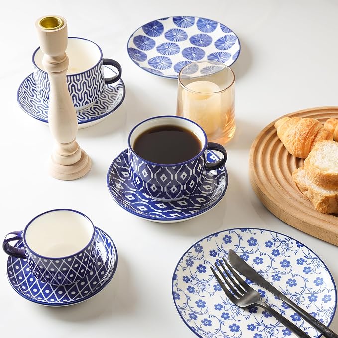 Selamica Ceramic Cappuccino Cups with Saucers and Metal Stand, 8 OZ Stackable Espresso Coffee Cups for Coffee, Latte, Americano, Tea, Set of 4, Vintage Blue