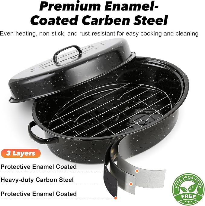 18” Roaster Pan with Lid and Rack, Large Enamel Roaster Pan with Oval Roasting Rack, Granite Baking Pot for Chicken Turkey Lamb, Heat Resistant, Oven/Dishwasher/All Stovestops Compatible
