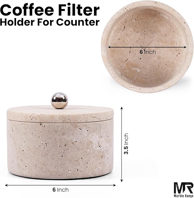 Marble Coffee Filter Holder – 6 inch Handmade Travertine Coffee Filter Holder with Lid, Storage Organizer for Kitchen Countertop & Bar Decor