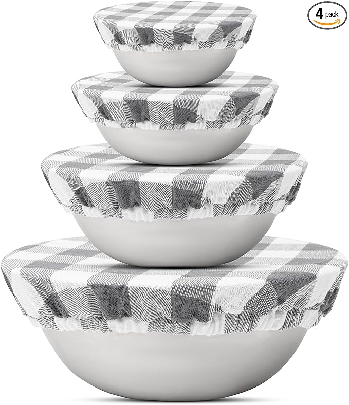 Reusable Cloth Bowl Covers - 100% Cotton Fabric Bowl Covers Set with Elastic to Cover Fruits, Vegetables and Regulate Moisture - Perfect for Salads, Bread & Leftovers (Gray Plaid, 1XL, 1L, 1M, 1S)