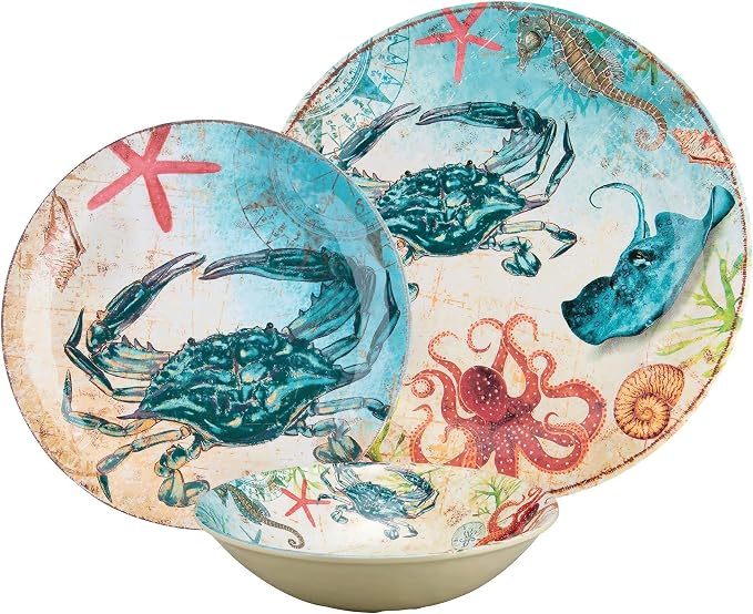 UPware 12 Piece Crab Melamine Dinnerware Sets, Outdoor Dishes Set, Plates and Bowls Sets, Service for 4, Multicolor