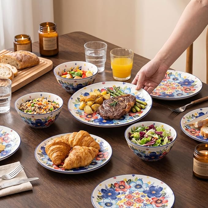 24-Piece Ceramic Dinnerware Set, Vibrant Floral, Service for 8, Colorful Floral Plates and Bowls, Microwave & Dishwasher Safe, Bohemian Style Porcelain Dish Set