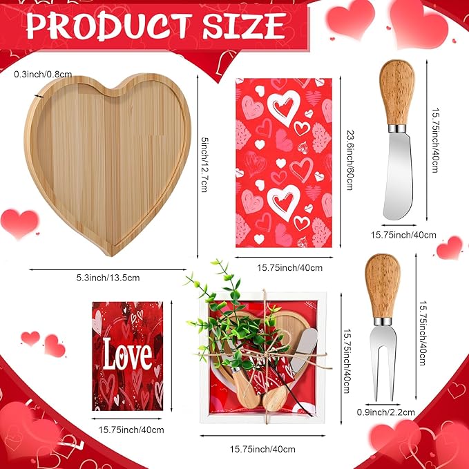 LemonRoad 12 Set Heart Board Gifts for Mother Bamboo Heart Charcuterie Board with Utensils Kitchen Towels Thank You Tags for Mother's Day Bridal Baby Shower Birthday Holiday Housewarming Party Favors