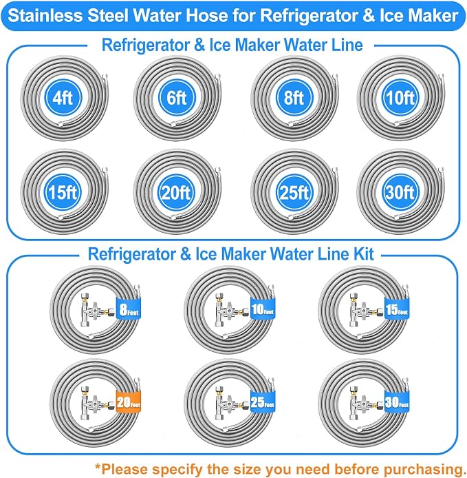 6 FT Premium Stainless Steel Braided Refrigerator water line+ 20 FT Refrigerator Water Line Kit with 3/8"- 1/4"- 3/8" Tee Stop Valve for Most Brands and Models Refrigerator