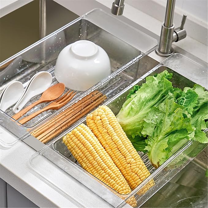 Transparent Plastic Dish Drying Rack Over the Kitchen Sink, Dish Drainer with Widened Handle, Dish Rack Vegetables and Fruits