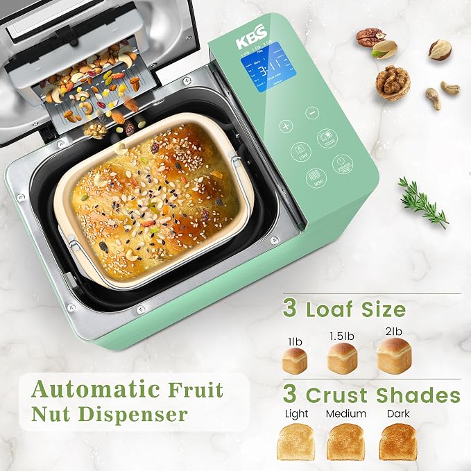 KBS 2.2LB Bread Maker, 710W Convection Bread Machine with Dual Heaters, Healthy Nonstick Ceramic Pan, Auto Nut Dispenser, 17-in-1 Bread Maker Machine for Gluten-Free, Touchscreen, 15H Delay Timer