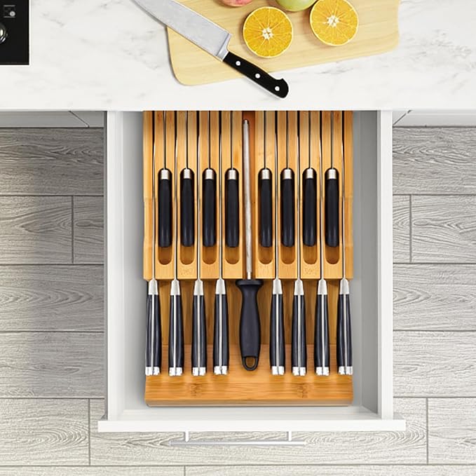 VaeFae Bamboo Silverware Drawer Organizer and Bamboo Knife Drawer Organizer Insert Bundle