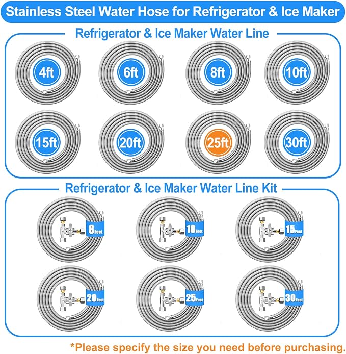 25 FT Premium Stainless Steel Braided Ice Maker Water Hose + 30 FT Refrigerator Water Line Kit with 3/8"- 1/4"- 3/8" Tee Stop Valve for Most Brands and Models Refrigerator