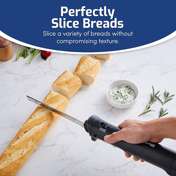 Elite Gourmet EK9810 Professional Cordless Rechargeable Easy-Slice Electric Knife with 4 Serrated Blades and Safety Lock Trigger Release, Carving Meats, Poultry, Bread, Black