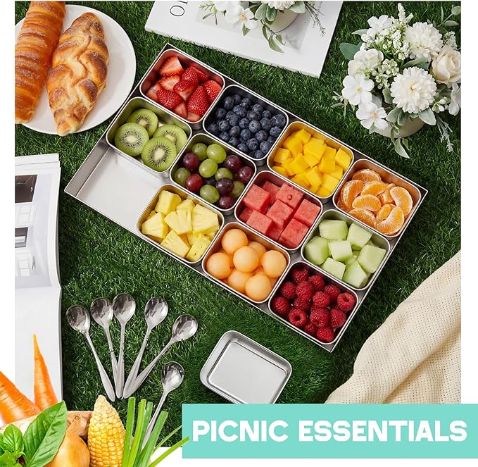 Boao 12 Compartment 304 Yakumi Pans Stainless Steel Seasoning Condiment Container with Lids Spoons, Japanese Yakumi Pans Mini Sauces Salad Dressings Storage for Food, Herbs, Spices