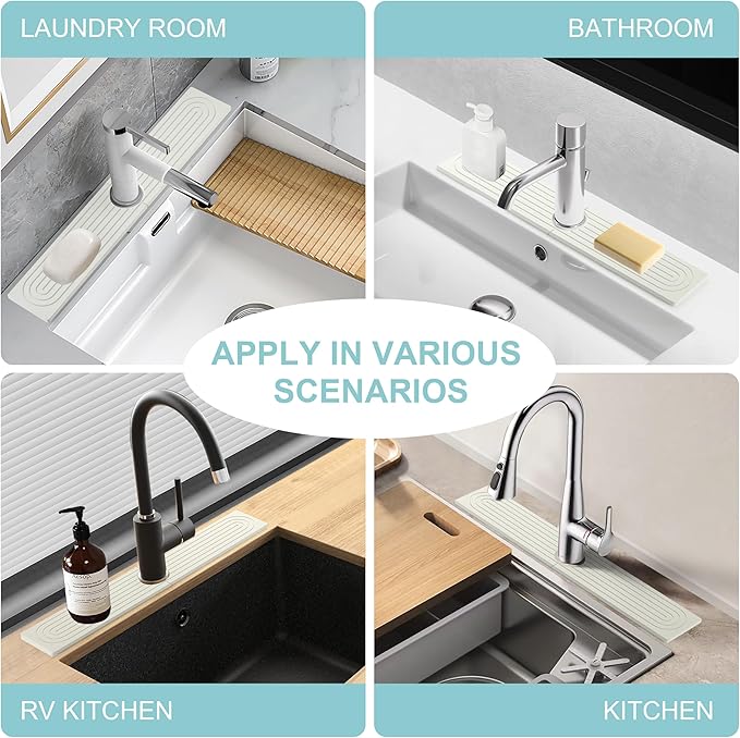 Faucet Mat for Kitchen Sink, Diatomite Fast Drying Stone Sink Tray, Super Absorbent, Prevents Moisture Buildup - Faucet Splash Guard for Bathroom Counter, Kitchen [White, 23.6" x 3.9"]