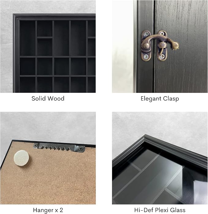 Shot Glass Display Cabinet Solid Wood - Large Display Case for Collectibles | Man Cave Accessories | UV Protection Acrylic Door | Wall Mounted Black Shadow Box | 36 Divided Slots | 26" x 18"